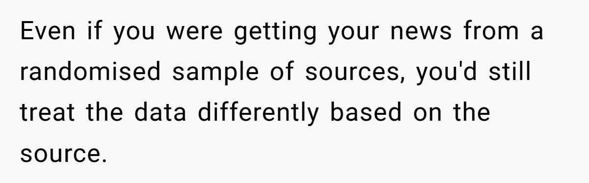 LPT: Avoid Confirmation Bias by Using Neutral News Sources - It Can Seriously Lower Your Anxiety Even if you were getting your news from a randomised sample of sources, you'd still treat the data differently based on the source.