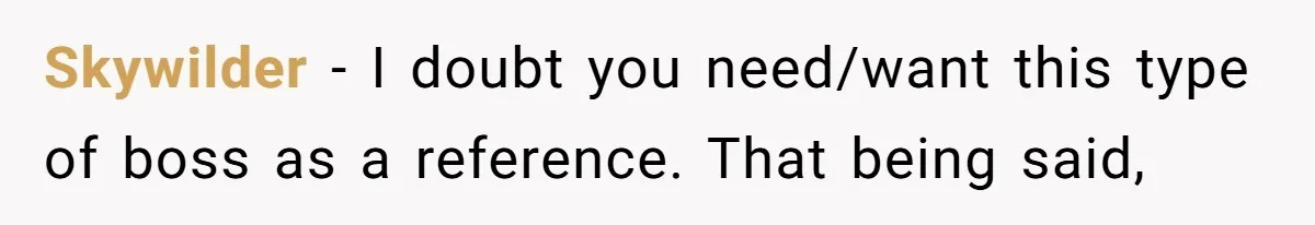 Employee Quits Toxic Job Right Before Coworker's First Vacation In Years And Watches Chaos Unfold Skywilder − I doubt you need/want this type of boss as a reference. That being said,