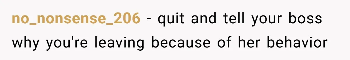 Employee Quits Toxic Job Right Before Coworker's First Vacation In Years And Watches Chaos Unfold no_nonsense_206 − quit and tell your boss why you're leaving because of her behavior