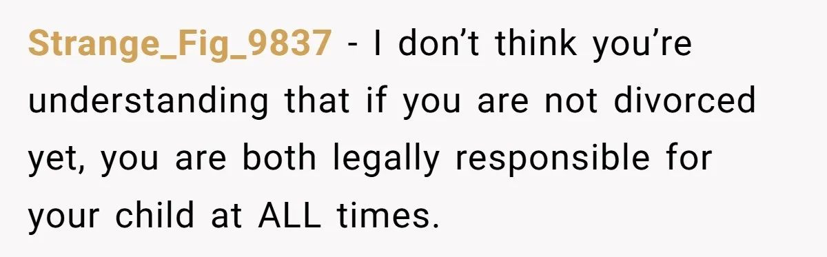 Daycare Nearly Kicks Out Toddler After Dad’s No-Shows, But He Blames Mom For “Abandoning” Him Strange_Fig_9837 − I don’t think you’re understanding that if you are not divorced yet, you are both legally responsible for your child at ALL times.