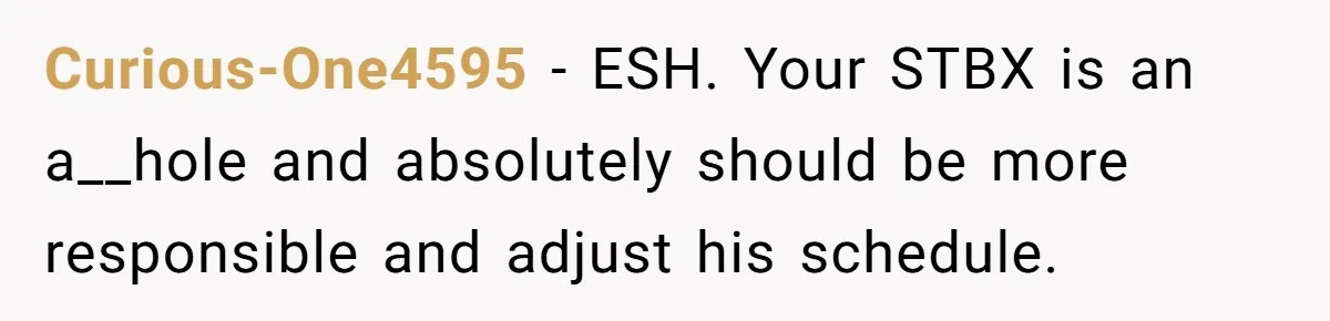 Daycare Nearly Kicks Out Toddler After Dad’s No-Shows, But He Blames Mom For “Abandoning” Him Curious-One4595 − ESH. Your STBX is an a__hole and absolutely should be more responsible and adjust his schedule.