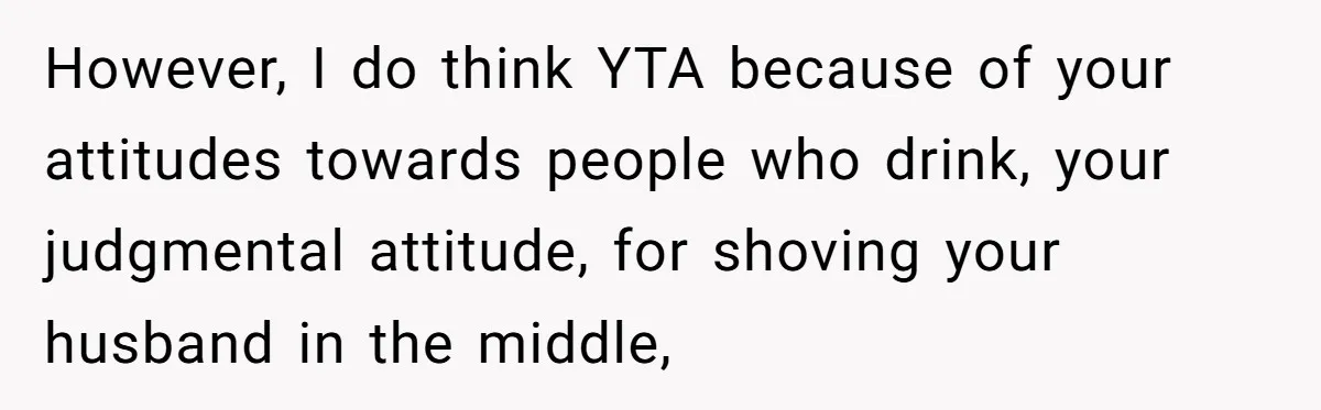 Wife Bans All Alcohol From Christmas Dinner, Her Husband’s Entire Family Choose Another Party However, I do think YTA because of your attitudes towards people who drink, your judgmental attitude, for shoving your husband in the middle,