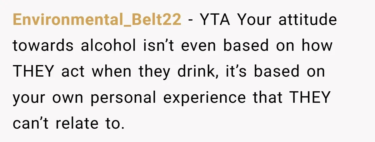 Wife Bans All Alcohol From Christmas Dinner, Her Husband’s Entire Family Choose Another Party Environmental_Belt22 − YTA Your attitude towards alcohol isn’t even based on how THEY act when they drink, it’s based on your own personal experience that THEY can’t relate to.