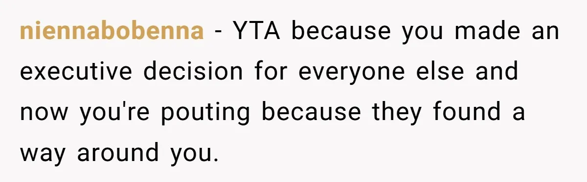 Wife Bans All Alcohol From Christmas Dinner, Her Husband’s Entire Family Choose Another Party niennabobenna − YTA because you made an executive decision for everyone else and now you're pouting because they found a way around you.