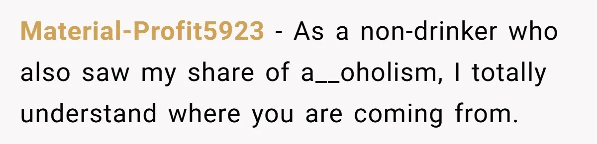 Wife Bans All Alcohol From Christmas Dinner, Her Husband’s Entire Family Choose Another Party Material-Profit5923 − As a non-drinker who also saw my share of a__oholism, I totally understand where you are coming from.