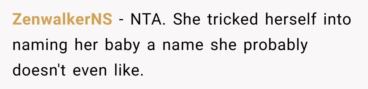 She Tricked Her SIL Into Stealing Her Baby Name - and It Was Hilarious ZenwalkerNS − NTA. She tricked herself into naming her baby a name she probably doesn't even like.