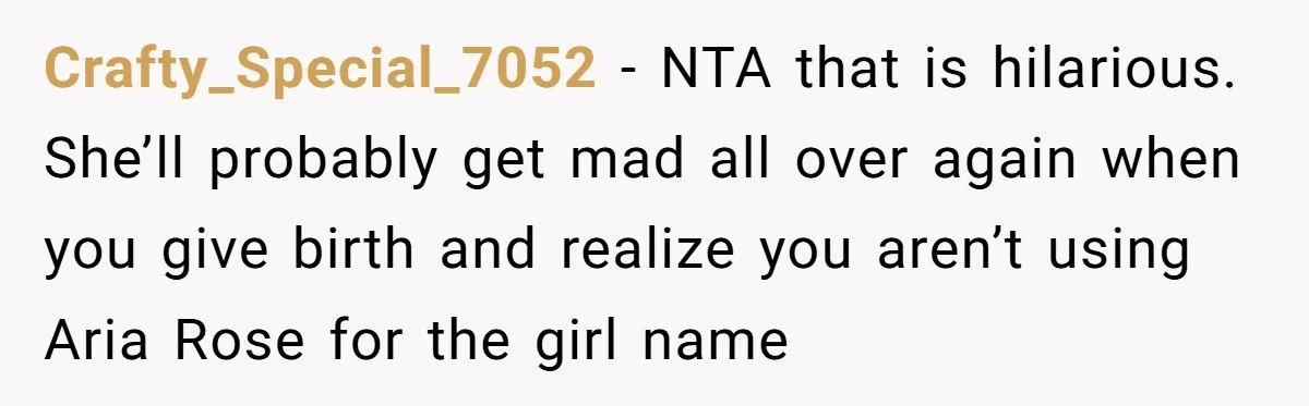 She Tricked Her SIL Into Stealing Her Baby Name - and It Was Hilarious Crafty_Special_7052 − NTA that is hilarious. She’ll probably get mad all over again when you give birth and realize you aren’t using Aria Rose for the girl name