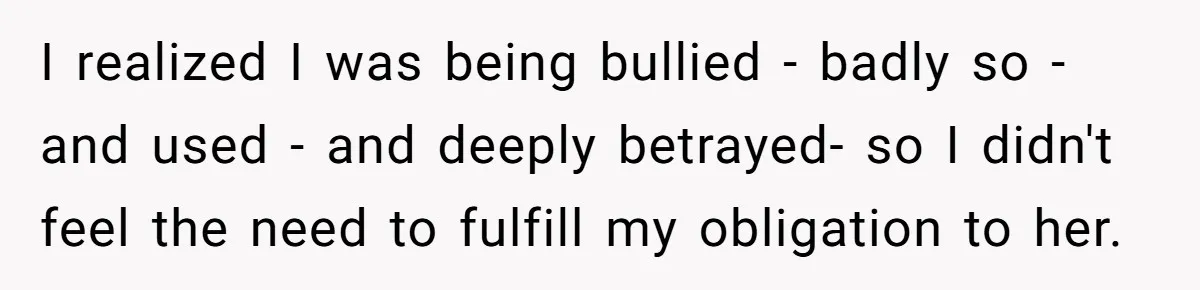 Kind Baker Gifts Free Wedding Photos Then Refuses After Bride’s Crew Ruins Her Entire Life I realized I was being bullied - badly so - and used - and deeply betrayed- so I didn't feel the need to fulfill my obligation to her.