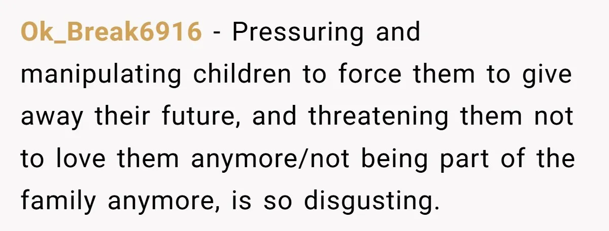 Mom Finds Teen’s Savings And Claims It For Stepsister’s Medical Treatment, He Says Absolutely Not Ok_Break6916 − Pressuring and manipulating children to force them to give away their future, and threatening them not to love them anymore/not being part of the family anymore, is so...