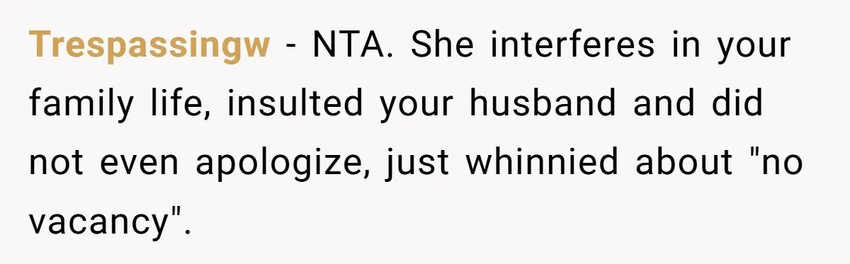 Pregnant Wife Kicks Out Traumatized Sister-In-Law After What She Says To Drunk Husband Trespassingw − NTA. She interferes in your family life, insulted your husband and did not even apologize, just whinnied about "no vacancy".