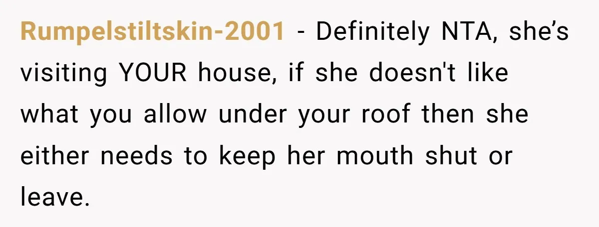 Pregnant Wife Kicks Out Traumatized Sister-In-Law After What She Says To Drunk Husband Rumpelstiltskin-2001 − Definitely NTA, she’s visiting YOUR house, if she doesn't like what you allow under your roof then she either needs to keep her mouth shut or leave.