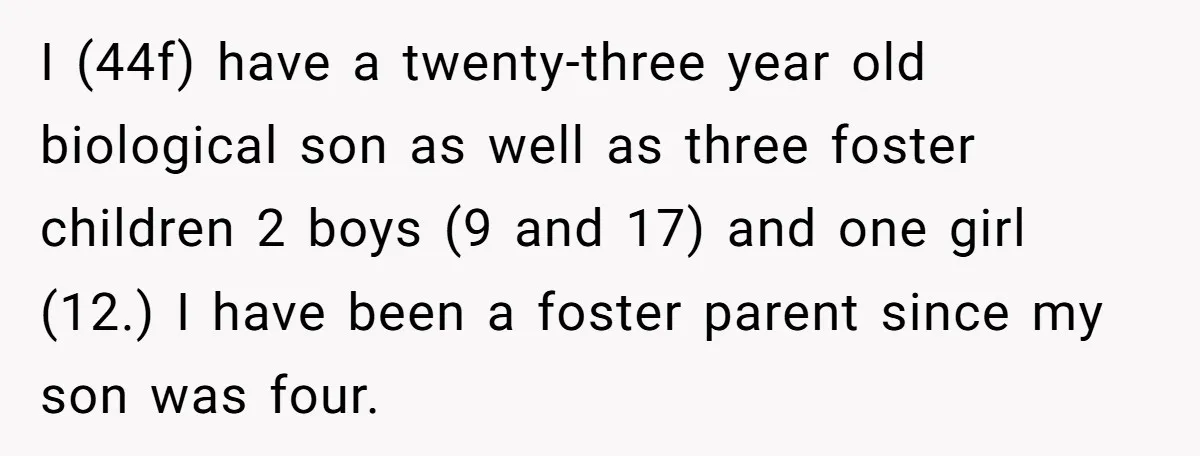 She Called Her Foster Kids ‘Not Real Family’ - So the MIL Banned Her From the House Forever I (44f) have a twenty-three year old biological son as well as three foster children 2 boys (9 and 17) and one girl (12.) I have been a foster parent...