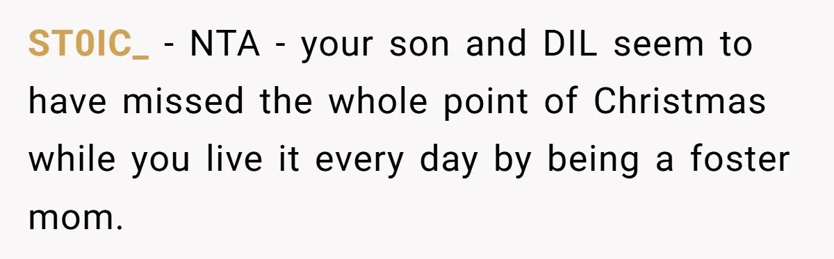 She Called Her Foster Kids ‘Not Real Family’ - So the MIL Banned Her From the House Forever ST0IC_ − NTA - your son and DIL seem to have missed the whole point of Christmas while you live it every day by being a foster mom.