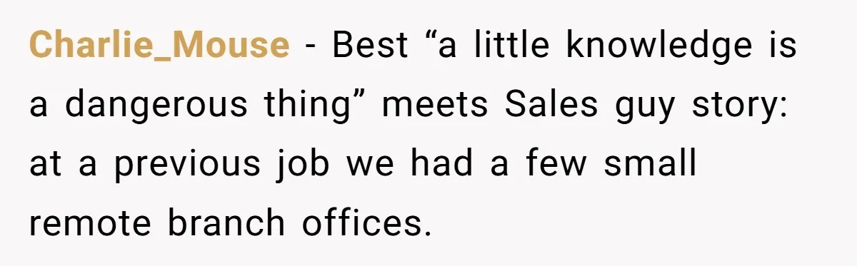 Car Salesman Hijacks Dealership Computers Until IT Admin Delivers Company-Wide Lockdown Revenge Charlie_Mouse − Best “a little knowledge is a dangerous thing” meets Sales guy story: at a previous job we had a few small remote branch offices.