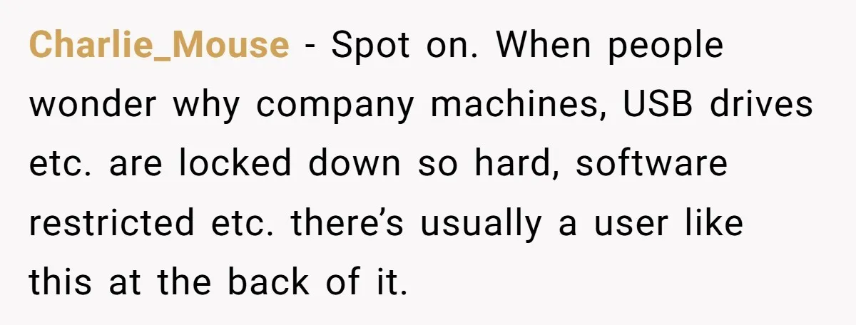 Car Salesman Hijacks Dealership Computers Until IT Admin Delivers Company-Wide Lockdown Revenge Charlie_Mouse − Spot on. When people wonder why company machines, USB drives etc. are locked down so hard, software restricted etc. there’s usually a user like this at the back...
