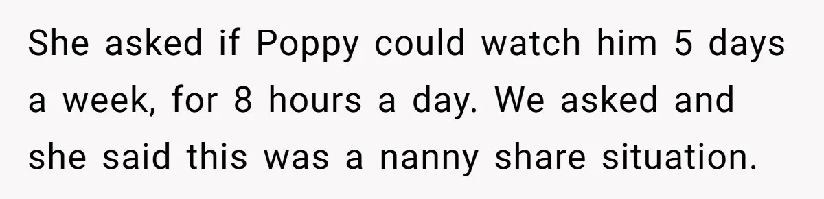 A Single Mom Demanded They Pay Her Child’s Full-Time Childcare - And Lost It When They Said No She asked if Poppy could watch him 5 days a week, for 8 hours a day. We asked and she said this was a nanny share situation.