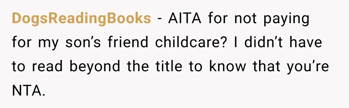 A Single Mom Demanded They Pay Her Child’s Full-Time Childcare - And Lost It When They Said No DogsReadingBooks − AITA for not paying for my son’s friend childcare? I didn’t have to read beyond the title to know that you’re NTA.