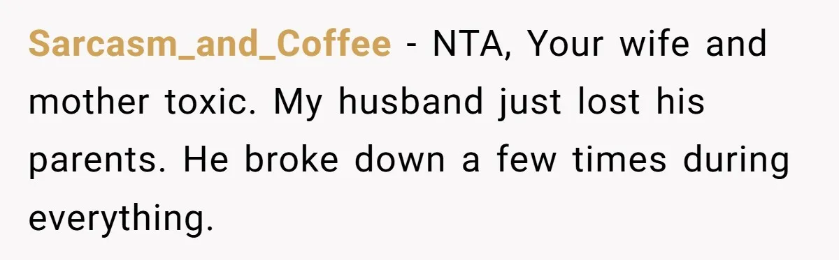 Wife Calls Grieving Husband Crybaby For Crying Only Once Over Late Best Friend, Facing Divorce Sarcasm_and_Coffee − NTA, Your wife and mother toxic. My husband just lost his parents. He broke down a few times during everything.