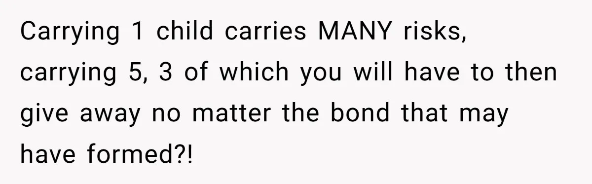 Couple Wants Brother-In-Law’s Help Having Kids, He Demands She Carry Three Extra Babies For Him First Carrying 1 child carries MANY risks, carrying 5, 3 of which you will have to then give away no matter the bond that may have formed?!
