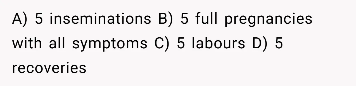 Couple Wants Brother-In-Law’s Help Having Kids, He Demands She Carry Three Extra Babies For Him First A) 5 inseminations B) 5 full pregnancies with all symptoms C) 5 labours D) 5 recoveries