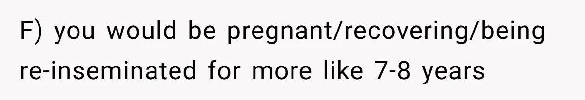 Couple Wants Brother-In-Law’s Help Having Kids, He Demands She Carry Three Extra Babies For Him First F) you would be pregnant/recovering/being re-inseminated for more like 7-8 years