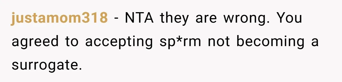 Couple Wants Brother-In-Law’s Help Having Kids, He Demands She Carry Three Extra Babies For Him First justamom318 − NTA they are wrong. You agreed to accepting sp*rm not becoming a surrogate.