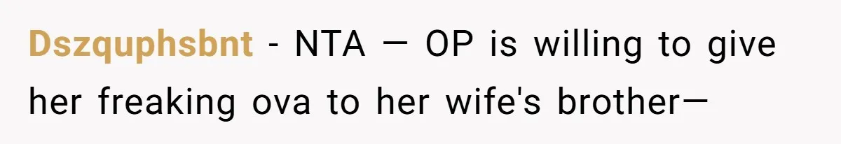 Couple Wants Brother-In-Law’s Help Having Kids, He Demands She Carry Three Extra Babies For Him First Dszquphsbnt − NTA — OP is willing to give her freaking ova to her wife's brother—