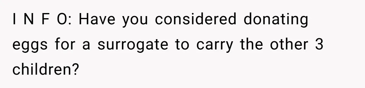 Couple Wants Brother-In-Law’s Help Having Kids, He Demands She Carry Three Extra Babies For Him First I N F O: Have you considered donating eggs for a surrogate to carry the other 3 children?