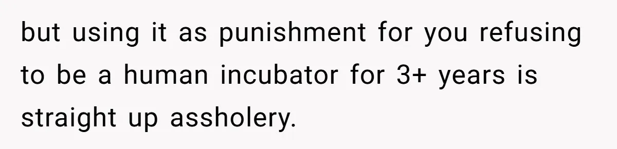 Couple Wants Brother-In-Law’s Help Having Kids, He Demands She Carry Three Extra Babies For Him First but using it as punishment for you refusing to be a human incubator for 3+ years is straight up assholery.