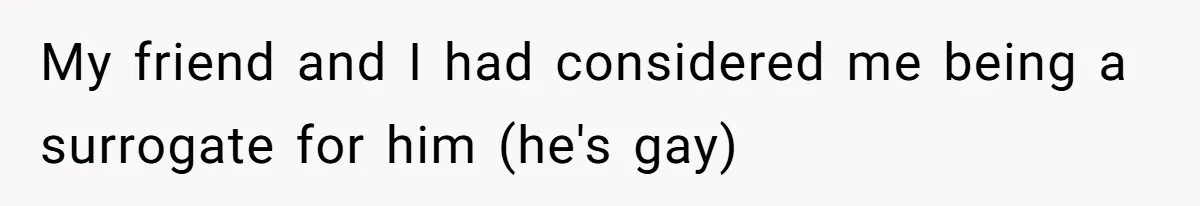 Couple Wants Brother-In-Law’s Help Having Kids, He Demands She Carry Three Extra Babies For Him First My friend and I had considered me being a surrogate for him (he's gay)