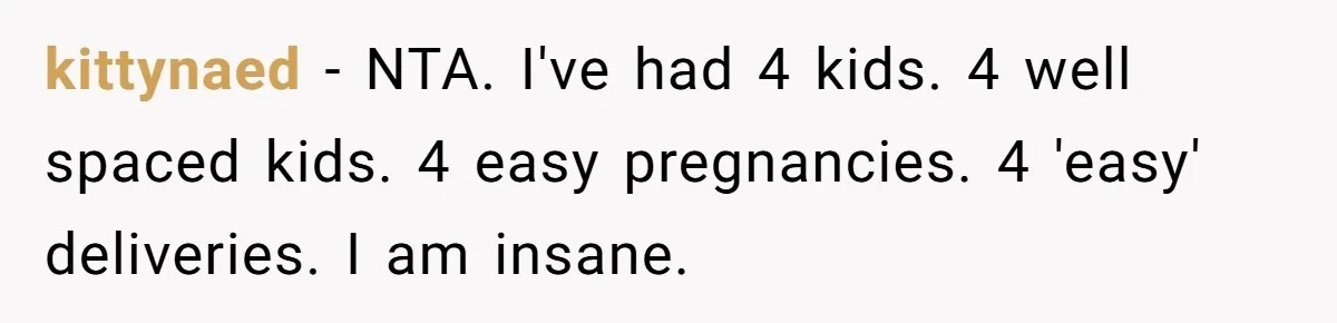Couple Wants Brother-In-Law’s Help Having Kids, He Demands She Carry Three Extra Babies For Him First kittynaed − NTA. I've had 4 kids. 4 well spaced kids. 4 easy pregnancies. 4 'easy' deliveries. I am insane.