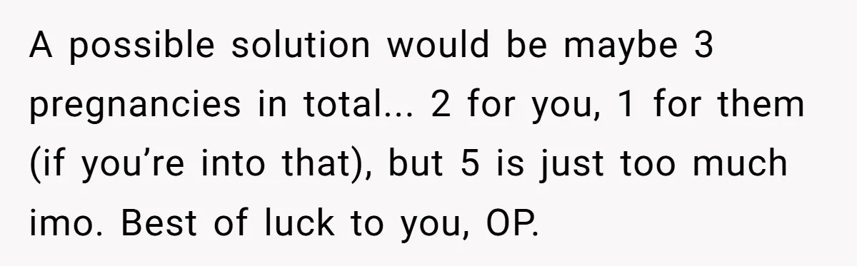 Couple Wants Brother-In-Law’s Help Having Kids, He Demands She Carry Three Extra Babies For Him First A possible solution would be maybe 3 pregnancies in total... 2 for you, 1 for them (if you’re into that), but 5 is just too much imo. Best of luck...