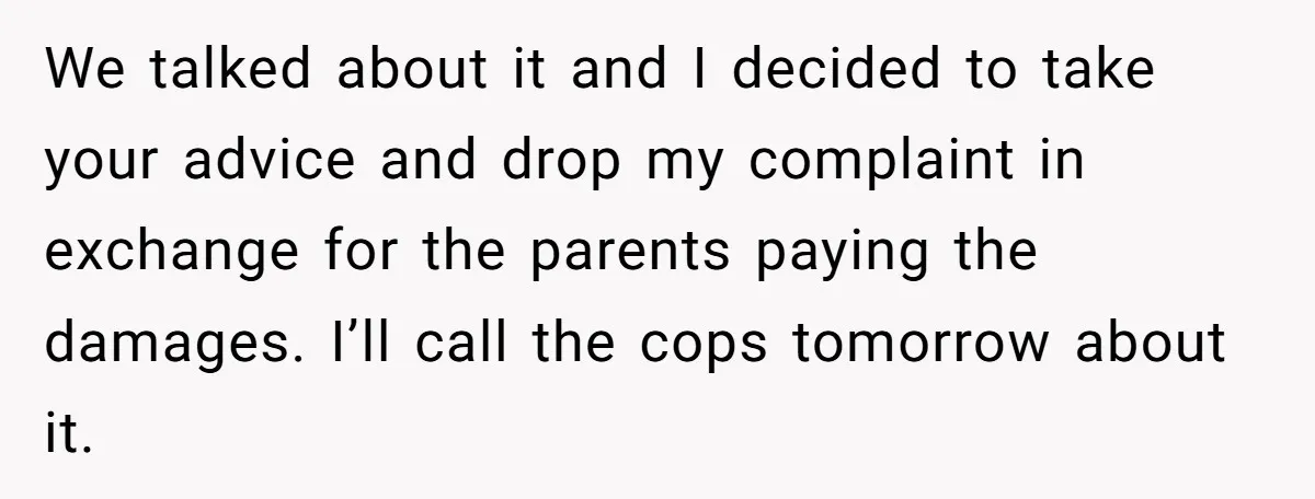 Homeowner Forces Police To Charge Mayor’s Niece And Friends For Trashing His Private Pool We talked about it and I decided to take your advice and drop my complaint in exchange for the parents paying the damages. I’ll call the cops tomorrow about it.