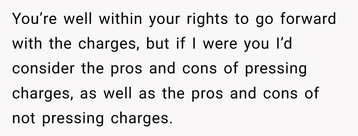 Homeowner Forces Police To Charge Mayor’s Niece And Friends For Trashing His Private Pool You’re well within your rights to go forward with the charges, but if I were you I’d consider the pros and cons of pressing charges, as well as the pros...