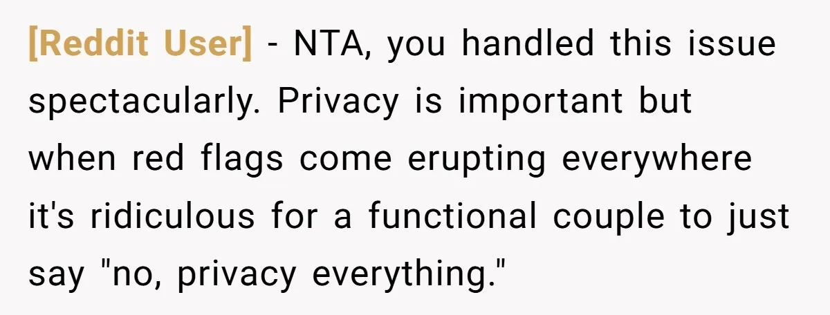 [Reddit User] − NTA, you handled this issue spectacularly. Privacy is important but when red flags come erupting everywhere it's ridiculous for a functional couple to just say "no, privacy...