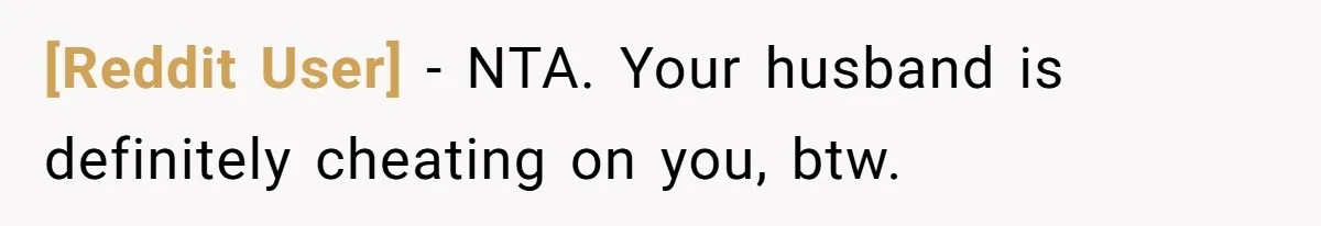 [Reddit User] − NTA. Your husband is definitely cheating on you, btw.