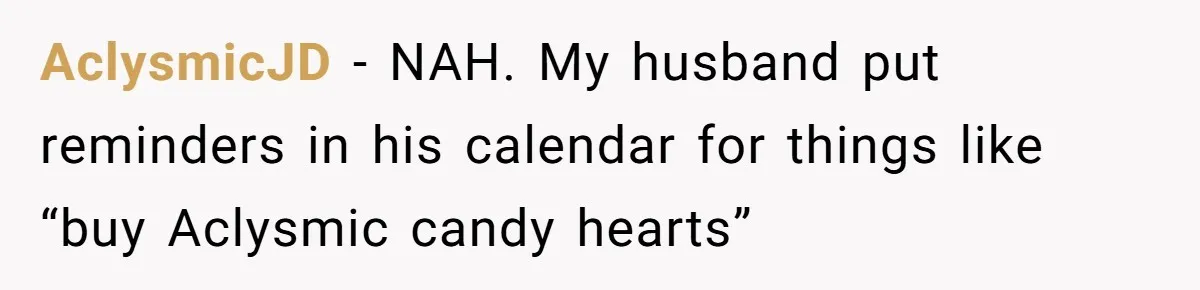 Forgetful Husband's Secret To Remember Wife's Life Gets Exposed And She Calls It Unacceptable AclysmicJD − NAH. My husband put reminders in his calendar for things like “buy Aclysmic candy hearts”
