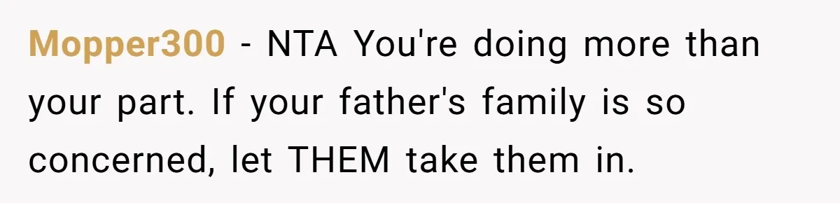 Woman Refuses to Shelter the Parents Who Neglected Her - and Now Calls Come to ‘Save’ Them Mopper300 − NTA You're doing more than your part. If your father's family is so concerned, let THEM take them in.