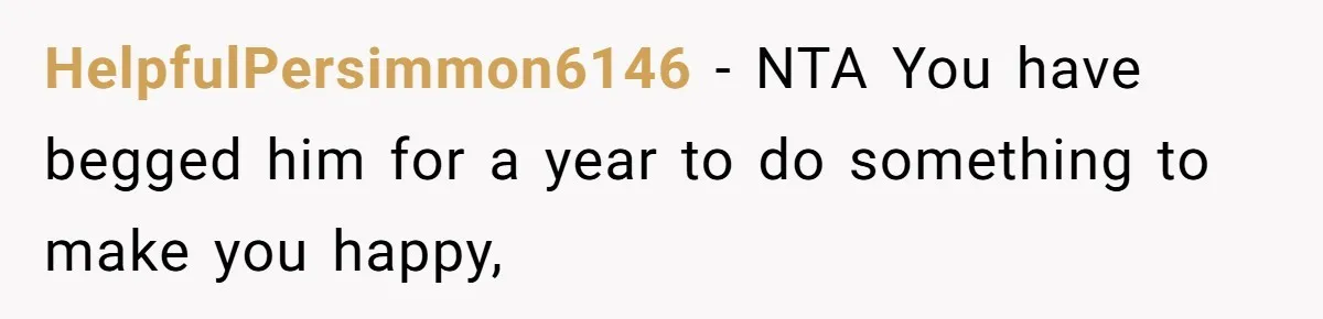 Wife Of 20 Years Threatens Divorce After Husband's Surprising 'Gift' On Milestone Birthday HelpfulPersimmon6146 − NTA You have begged him for a year to do something to make you happy,
