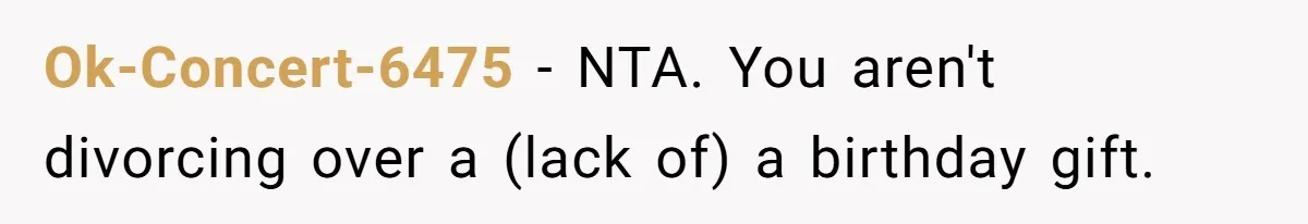 Wife Of 20 Years Threatens Divorce After Husband's Surprising 'Gift' On Milestone Birthday Ok-Concert-6475 − NTA. You aren't divorcing over a (lack of) a birthday gift.