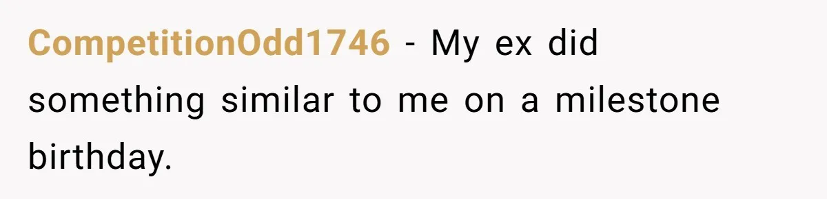 Wife Of 20 Years Threatens Divorce After Husband's Surprising 'Gift' On Milestone Birthday CompetitionOdd1746 − My ex did something similar to me on a milestone birthday.