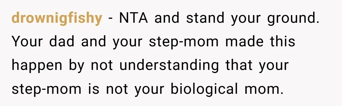 Bride Refuses To Name Stepmom “Mom Of The Bride,” Dad Says Her Real Mom Shouldn’t Be Hurt drownigfishy − NTA and stand your ground. Your dad and your step-mom made this happen by not understanding that your step-mom is not your biological mom.