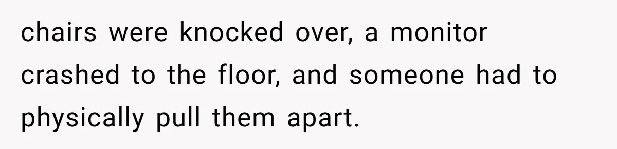 Coworker Tries to Get Woman Fired - Then Gets Beat Up by the Boss’s Wife After Her Affair Is Exposed chairs were knocked over, a monitor crashed to the floor, and someone had to physically pull them apart.
