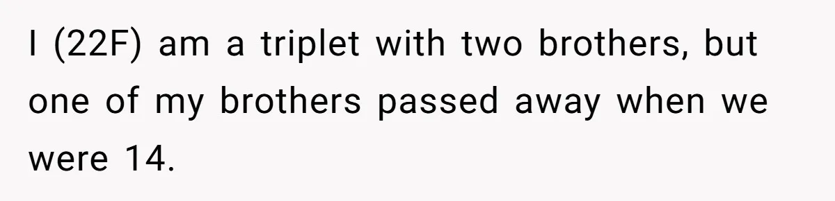 Coworker Lies About Woman’s Brother - Then Gets Exposed When She Learns He’s Been Dead for Years I (22F) am a triplet with two brothers, but one of my brothers passed away when we were 14.