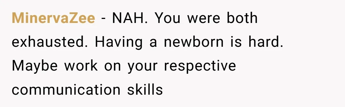 Exhausted Dad Takes Long Nap, Leaving Sick Wife Alone With Newborn Baby MinervaZee − NAH. You were both exhausted. Having a newborn is hard. Maybe work on your respective communication skills