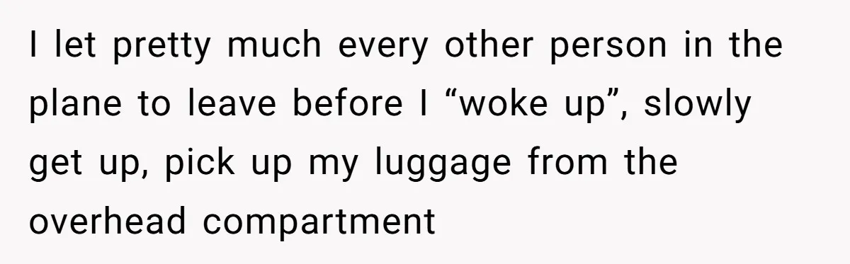Traveler Surrenders Window Seat To Rude Passenger, Then Blocks Entire Aisle With Fake Nap Revenge I let pretty much every other person in the plane to leave before I “woke up”, slowly get up, pick up my luggage from the overhead compartment