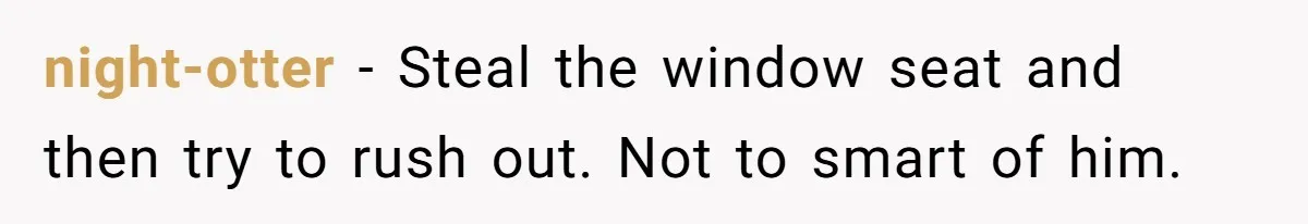 Traveler Surrenders Window Seat To Rude Passenger, Then Blocks Entire Aisle With Fake Nap Revenge night-otter − Steal the window seat and then try to rush out. Not to smart of him.