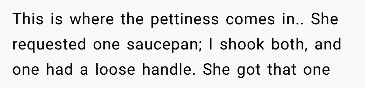 Assistant Goes Full-Petty While Packing Boss’s Divorce Items - and His Ex Still Emails Complaints Years Later This is where the pettiness comes in.. She requested one saucepan; I shook both, and one had a loose handle. She got that one