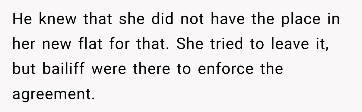 Assistant Goes Full-Petty While Packing Boss’s Divorce Items - and His Ex Still Emails Complaints Years Later He knew that she did not have the place in her new flat for that. She tried to leave it, but bailiff were there to enforce the agreement.