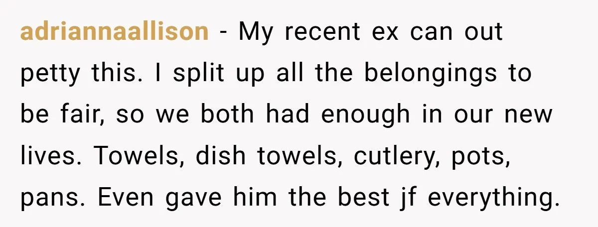 Assistant Goes Full-Petty While Packing Boss’s Divorce Items - and His Ex Still Emails Complaints Years Later adriannaallison − My recent ex can out petty this. I split up all the belongings to be fair, so we both had enough in our new lives. Towels, dish towels,...